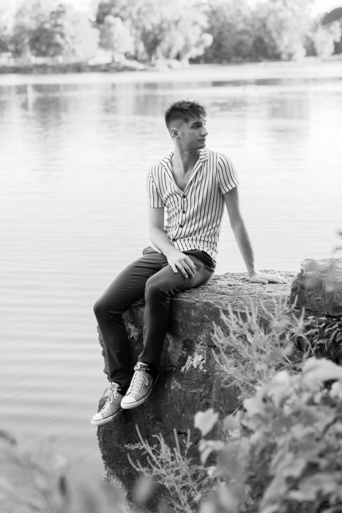 Senior portrait session at Menomonee Park quarry with Lannon stone backdrop in Menomonee Falls Wisconsin