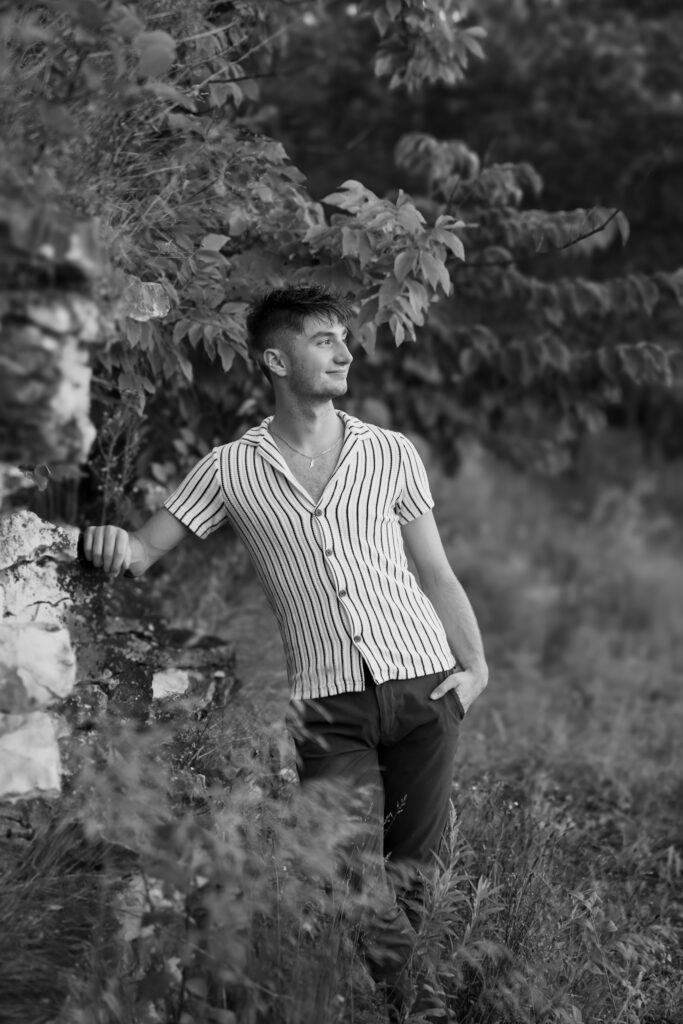 Senior portrait session at Menomonee Park quarry with Lannon stone backdrop in Menomonee Falls Wisconsin