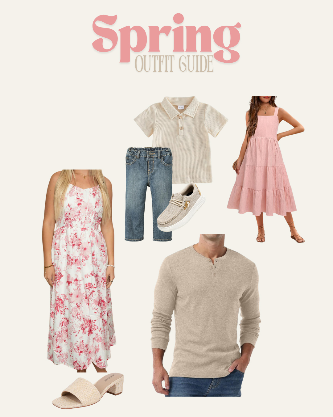 Flat lay of spring family outfit pieces: dresses, blouses, pants, shoes, and accessories in coordinating colors