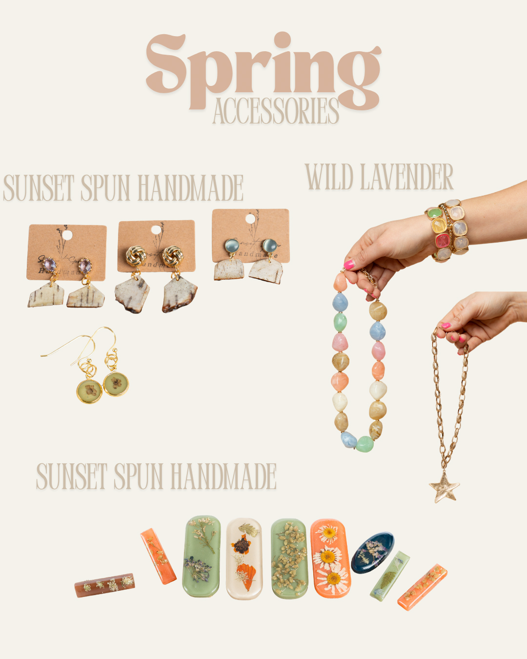 Spring accessories by Sunset Spun handmade and Wild Lavender out of Cedarburg wisconsin