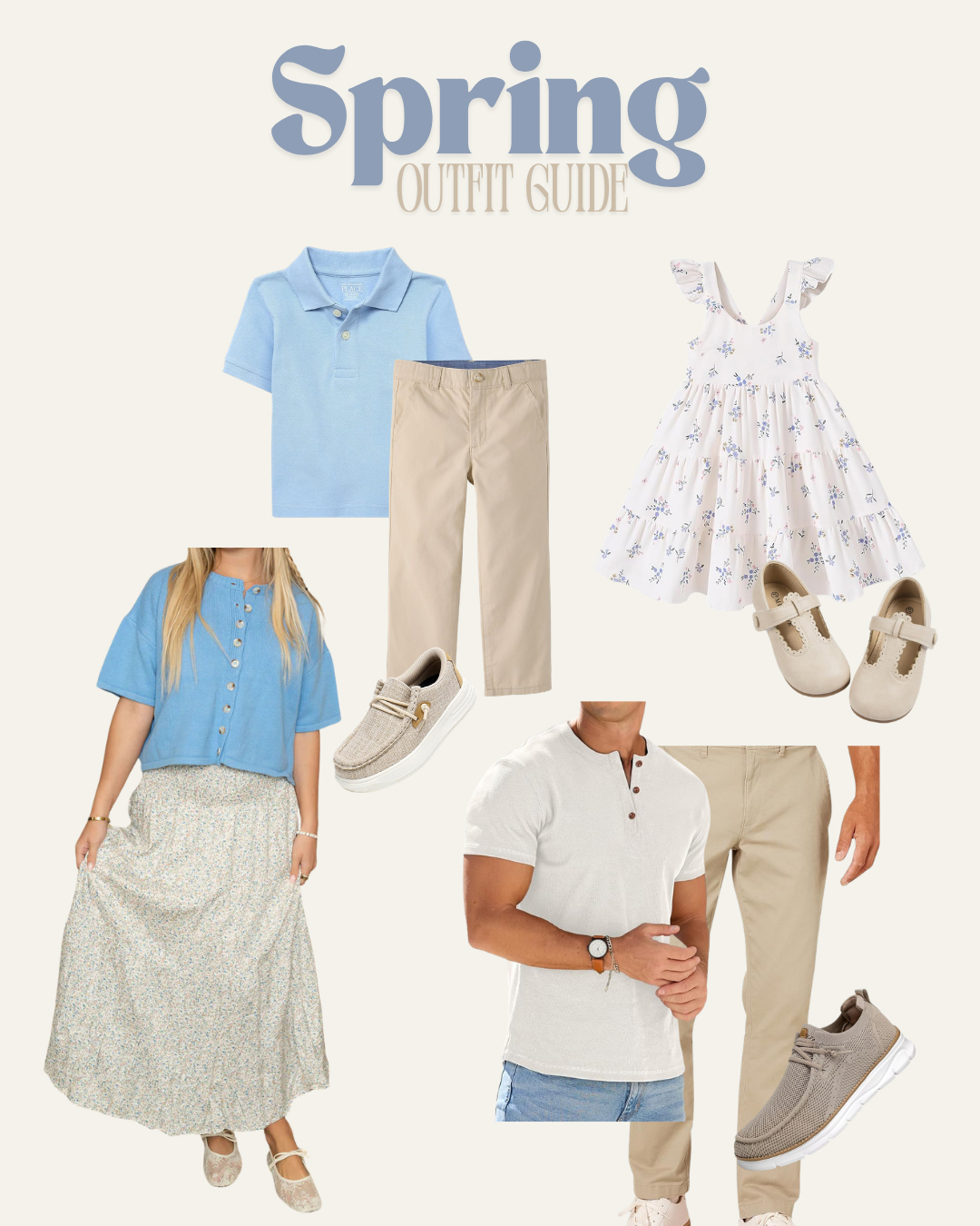 Full family outfit guide with coordinated spring outfits in soft pastels and neutrals in outdoor West Bend setting