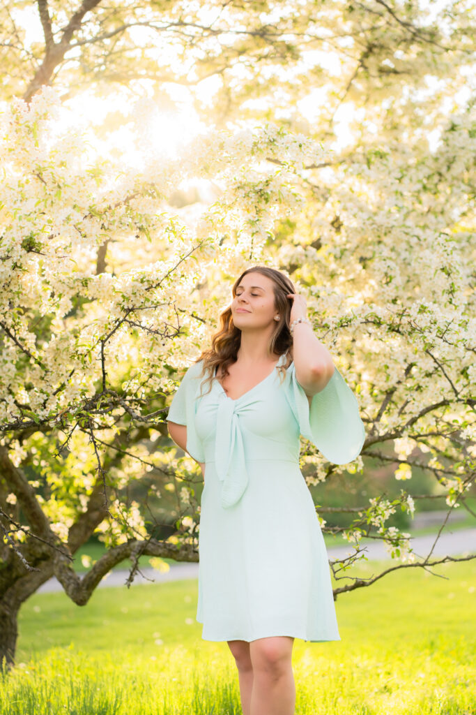 blooming spring trees portrait session Wisconsin natural light