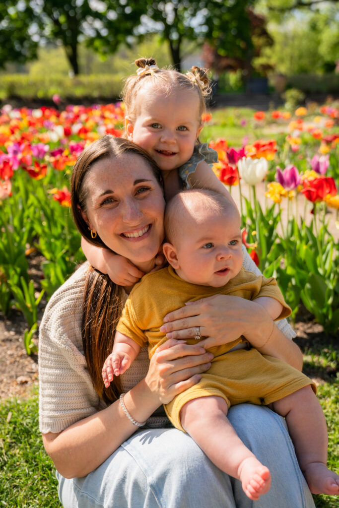 family connection during spring session in Waukesha Wisconsin with mom and two children