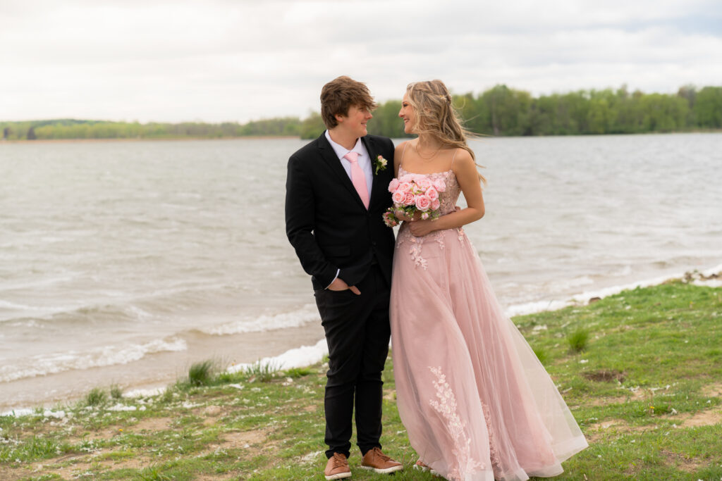High school couple prom session at Pike Lake with lake view